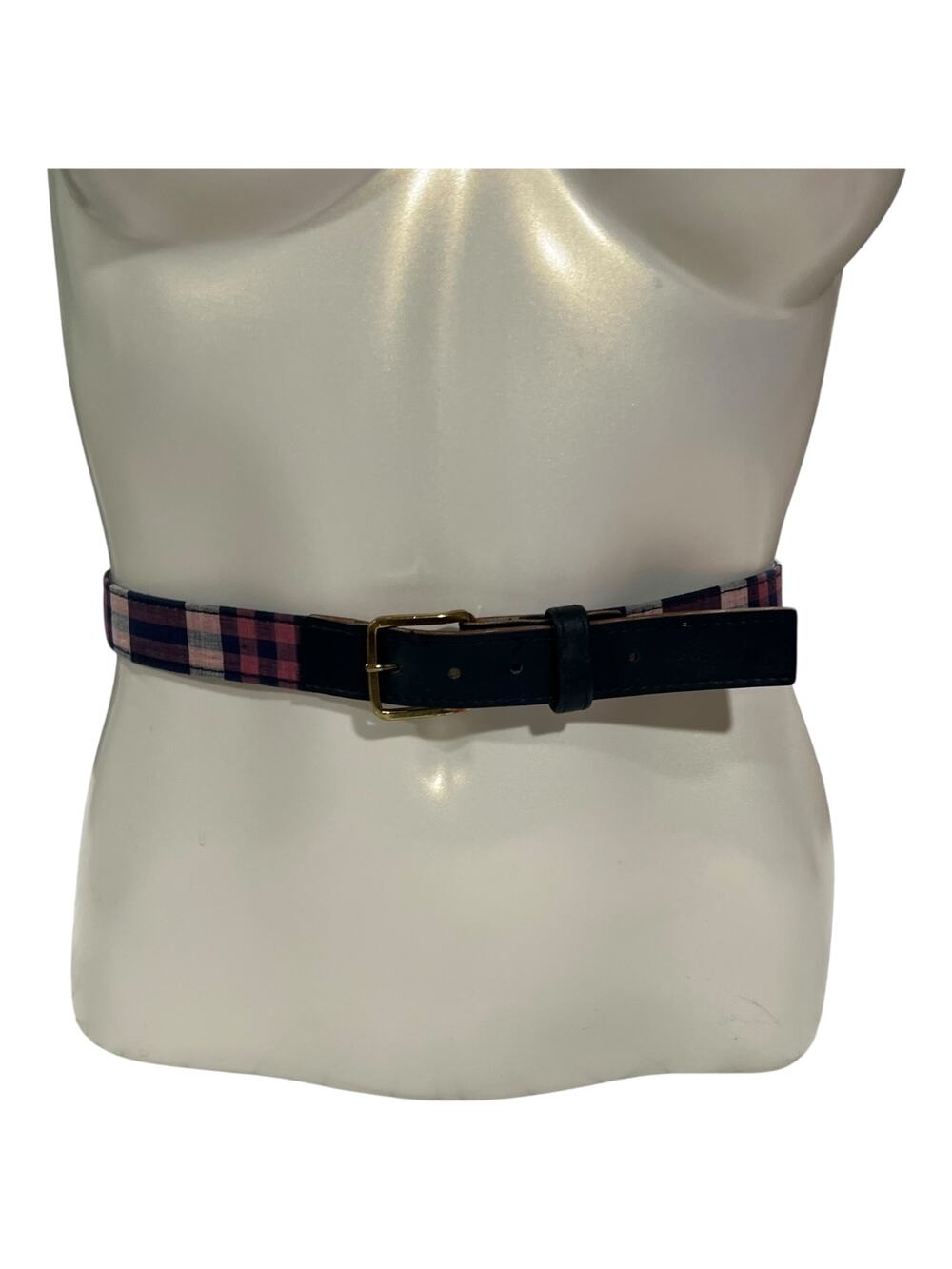 Vintage Plaid Leather Belt Gold Buckle Classic Tartan Style 90s
